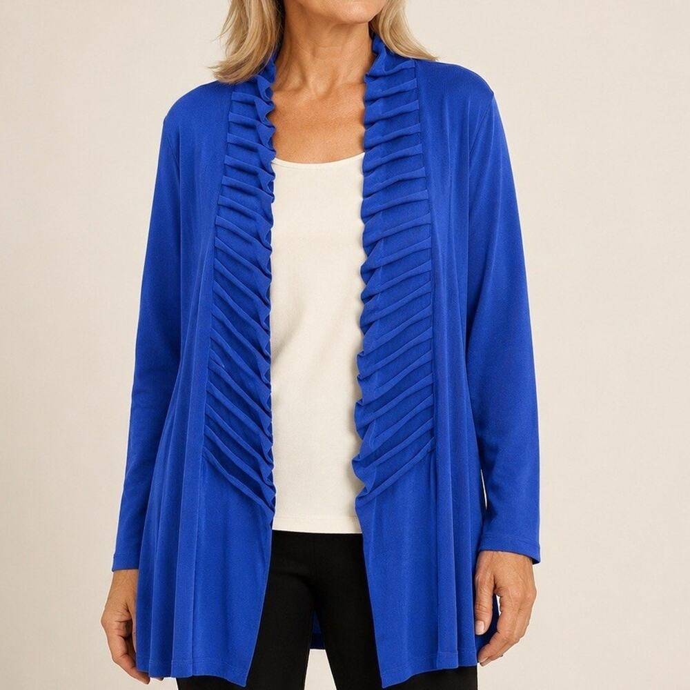 Chicos Travelers 2 Ruffled Open Front Cardigan Large Slinky knit Colbalt Blue